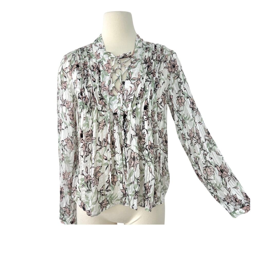Rag & Bone Sachi Pleated Floral Sheer Crinkled Blouse Top Sage Green XS